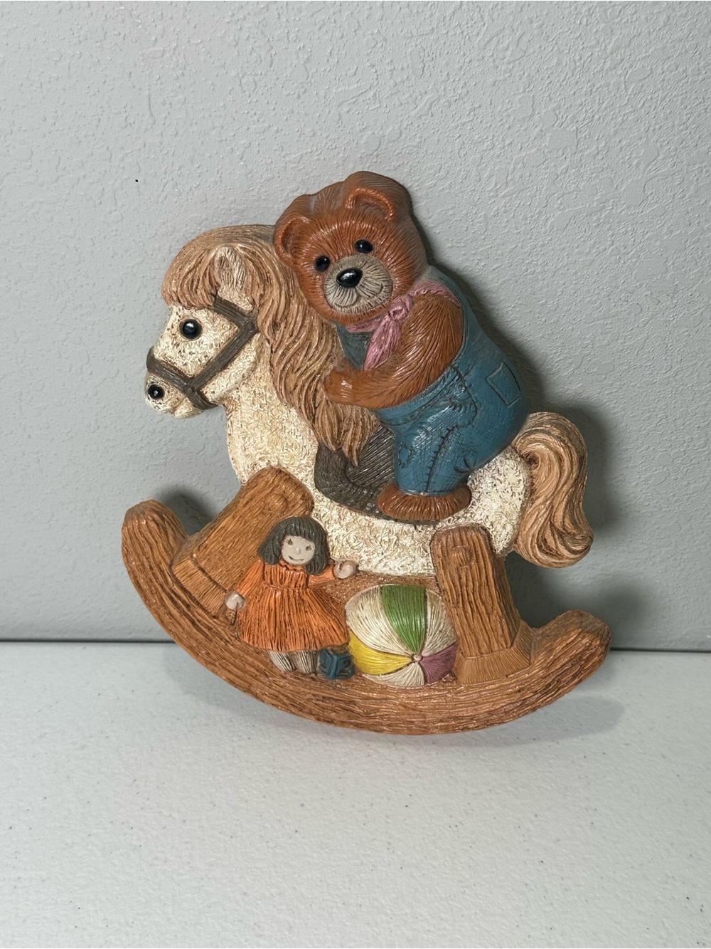 Vintage Homco Frankie’s Designs Brown Teddy Bear Cream Rocking Horse Wall Accent